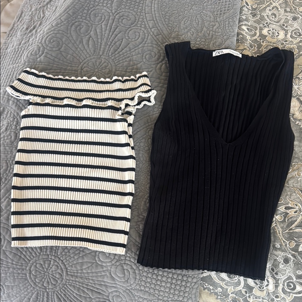 Zara Black Ribbed V-Neck and Striped Off-Shoulder Tops